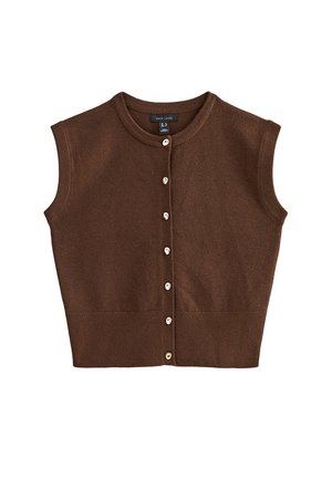 Chaleco marrón sin mangas con botones, de punto, con escote redondo y borde acanalado, fabricado por New Look, presentado plano sobre fondo blanco.