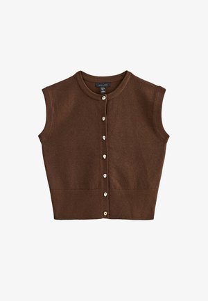 Chaleco marrón sin mangas con botones, de punto, con escote redondo y borde acanalado, fabricado por New Look, presentado plano sobre fondo blanco.