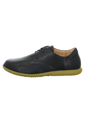 Schwarze Leder Schnürschuhe im Casual-Stil mit beiger Gummisohle und strukturiertem Grip, seitlich von links gezeigt.