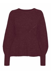 Burgunderfarbener Strickpullover mit Rundhalsausschnitt, langen Ballonärmel und einem leicht verkürzten Saum. Weiche Textur mit einem subtilen Musterdetail.