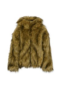 Kurtka z futra sztucznego w ciemnych odcieniach złota i brązu, z kapturem, długimi rękawami oraz miękką, teksturowaną powierzchnią o różnej długości futra.