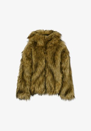 Giacca in pelliccia sintetica dai toni oro scuro e marroni, con cappuccio, maniche lunghe e una superficie morbida e testurizzata con lunghezze di pelliccia variabili.