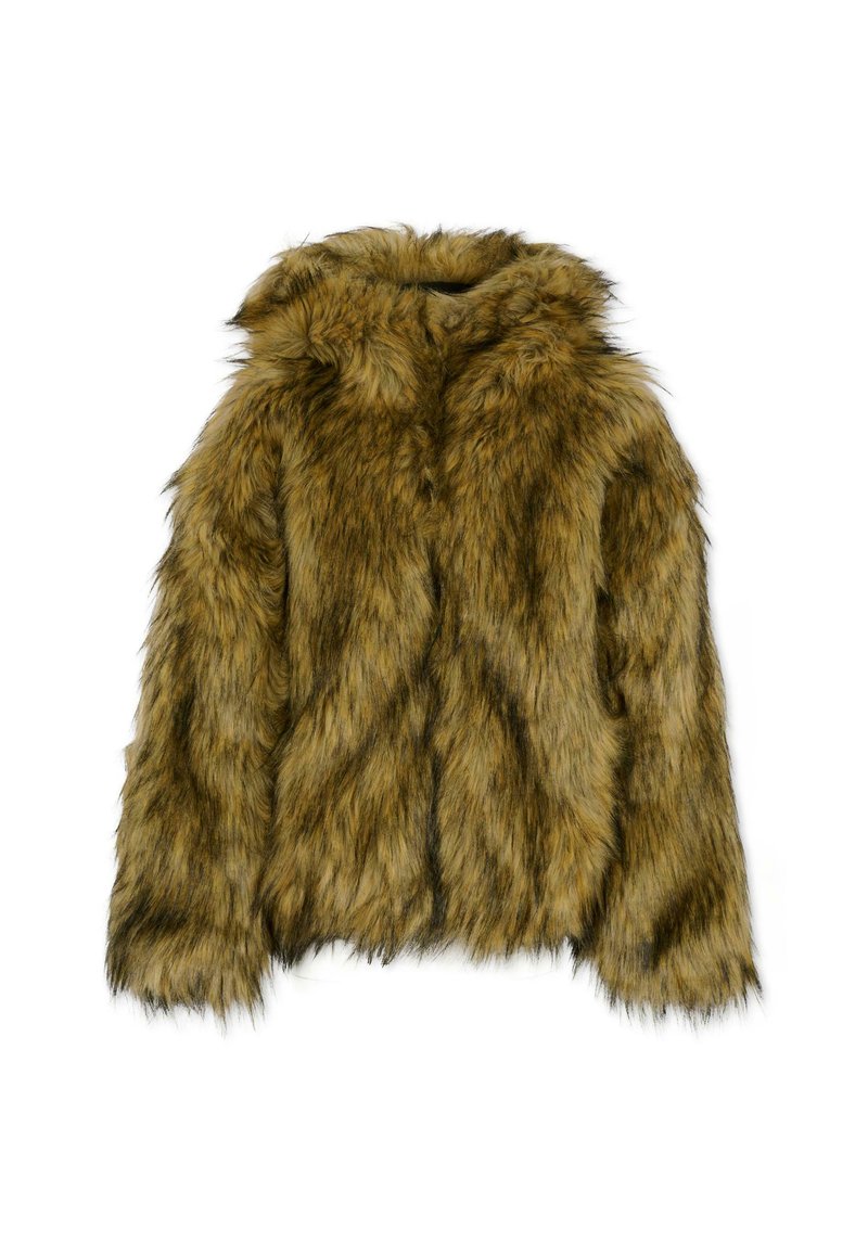 Kurtka z futra sztucznego w ciemnych odcieniach złota i brązu, z kapturem, długimi rękawami oraz miękką, teksturowaną powierzchnią o różnej długości futra.