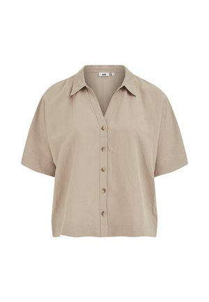 Chaki spalvos trumpomis rankovėmis marškiniai su apykakle, penkiais mygtukais priekyje ir laisvo, kvadratinio silueto.