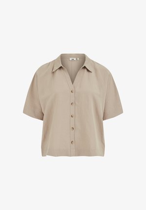 Beige overhemd met korte mouwen, kraag, vijf knopen aan de voorkant en een losse, boxy pasvorm.