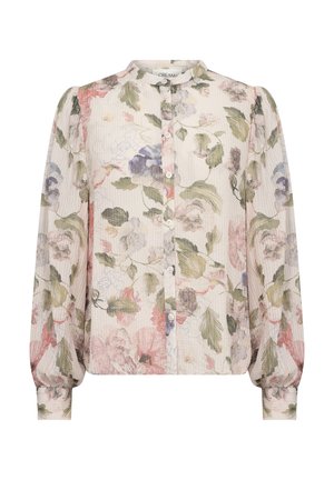 Bloemige blouse met een ronde halslijn, knoopsluiting aan de voorkant en lange, pofferige mouwen. Bevat pastelkleuren en een gestructureerde stof met een bloemmotief.