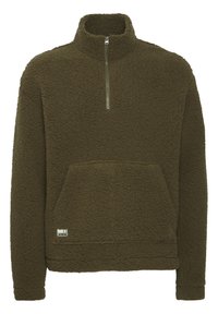 Olive green fleece pullover with a high collar, quarter-zip front, and front kangaroo pocket. Features textured fabric and a small logo at the bottom.