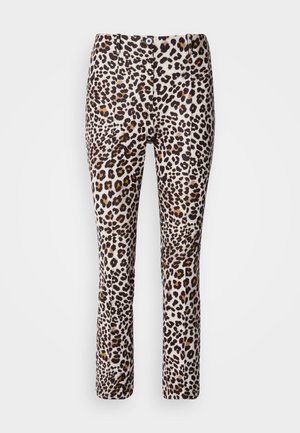 Leopard print pants in a blend of beige, brown, and black with a fitted design and flared hem, featuring a front button closure.
