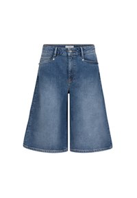 Denim culottes, mid-blue color, relaxed wide-leg design. Features a button and zipper closure, five pockets, and subtle stitching details.