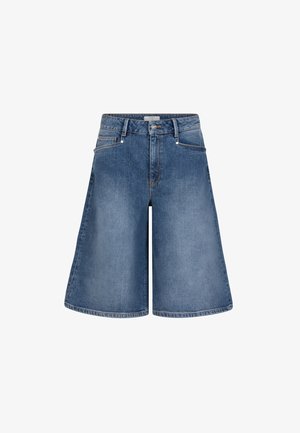 Denim-Culottes in mittlerem Blau, entspanntes, weites Bein-Design. Mit Knopf- und Reißverschluss, fünf Taschen und dezenten Nähdetails.