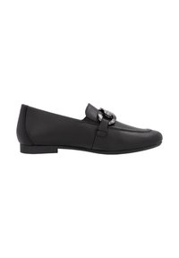 Černé kožené mokasíny s kulatou špičkou, minimalistickým designem a dekorativní stříbrnou sponou. Plná podrážka, hladký povrch, elegantní tvar.