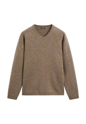 V-Ausschnitt-Pullover in einem gedämpften Braunton, aus weichem, strukturiertem Stoff gefertigt. Verfügt über lange Ärmel und einen lockeren Schnitt, mit gerippten Bündchen und Saum.