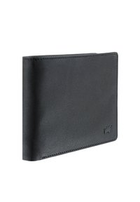 Portafoglio in pelle nera con texture liscia, forma rettangolare, bordi arrotondati e un logo in rilievo discreto sulla parte frontale.