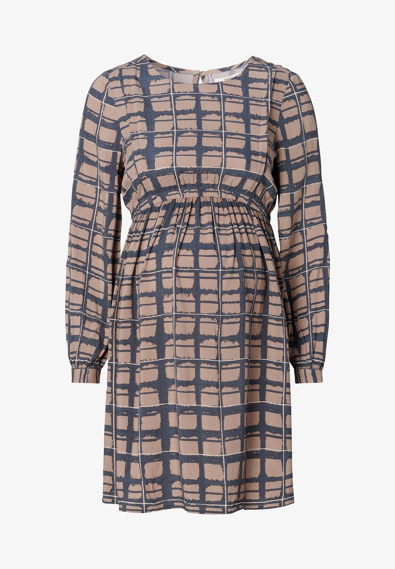 Vestido de maternidade em castanho claro com padrão de grade azul, com mangas longas, cintura elástica e decote redondo. Tecido suave com ligeiro brilho.