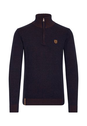 Marinblå tröja med halvmanschett, ribbade detaljer och en texturerad yta. Har en liten logotyp-etikett på bröstet.