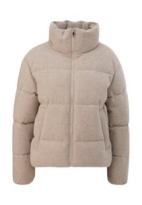 Padded jacket w kolorze jasnego beżu, z wysokim kołnierzem, pełnym zapięciem na zamek i pikowanymi sekcjami. Posiada zaokrąglone rękawy i gładką fakturę.