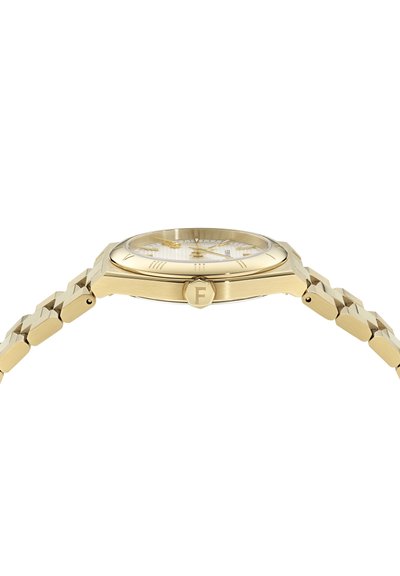 Gold-tone watch with a multi-faceted case, textured white dial, three hands, and a link bracelet. Features a crown with an "F" logo.