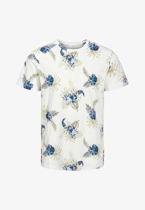 Camiseta blanca con un estampado floral en tonos azules y beige, con mangas cortas y cuello redondo. Material de algodón suave.