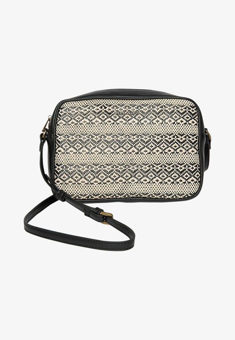 Borsa a tracolla nera con un frontale a motivo intrecciato cremoso e nero, forma rettangolare, tracolla regolabile e dettagli con logo nella parte anteriore.