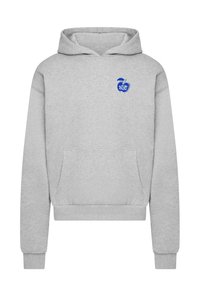 Felpa grigia con tasca frontale, polsini e orlo a costine. Presenta un logo di una mela blu con il testo "NYC" sul petto. Tessuto morbido.