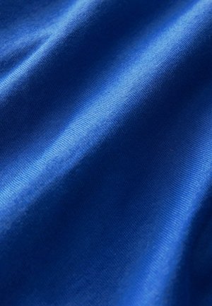 Blue fabric with a smooth texture, featuring subtle ribbing and a consistent sheen, draping in soft folds.