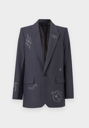 Blazer grigio scuro con un solo bottone e rever, caratterizzato da motivi ricamati bianchi a forma di stella, palma, onda e foglia sul davanti e sulla manica.