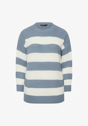 Pull en tricot rayé avec des rayures horizontales alternées bleu clair et blanches, texture en maille, col rond et épaules basses.