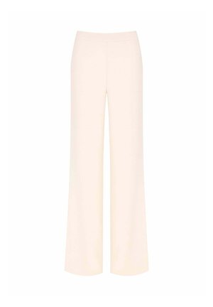 Pantaloni a gamba larga in un tessuto morbido di colore crema chiaro. Tessuto liscio senza motivi o dettagli visibili. Vita elasticizzata per il massimo comfort.