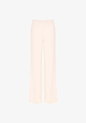 Pantaloni a gamba larga in un tessuto morbido di colore crema chiaro. Tessuto liscio senza motivi o dettagli visibili. Vita elasticizzata per il massimo comfort.