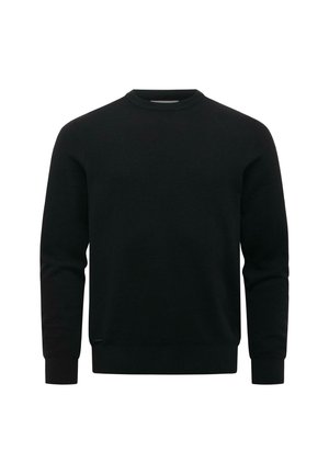 Sort langærmet crewneck-trøje med ribstrikkede ærmeafslutninger og kant, vist fladt mod en hvid baggrund.