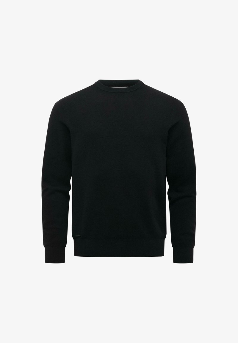 Pull noir à manches longues avec col rond, poignets et ourlet côtelés, présenté à plat sur un fond blanc.