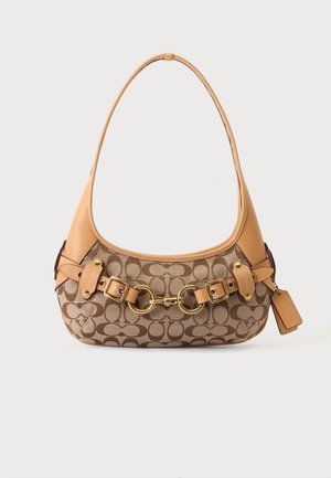 Kleine Handtasche in Hellbraun und Braun mit unverkennbarem Muster, goldfarbenem Horsebit-Metall, Lederbesatz und einem einzelnen Schulterriemen.