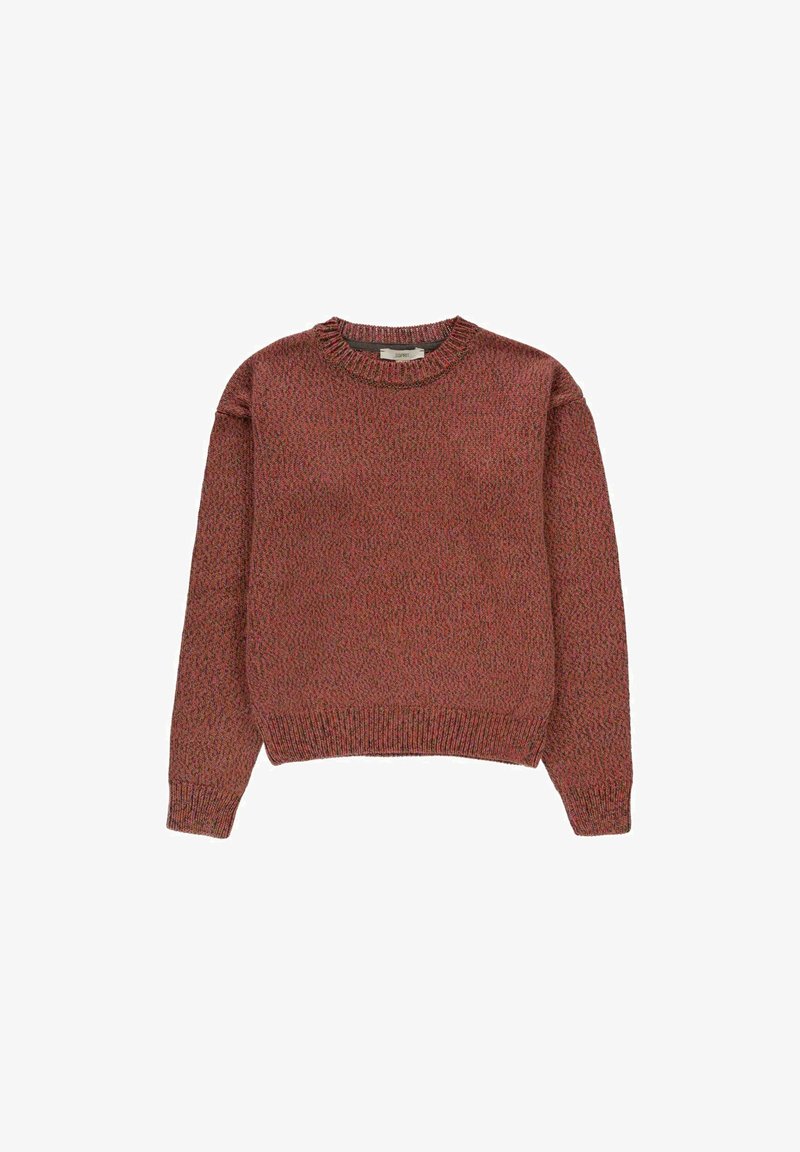 Sweter z dzianiny w kolorze rdzy, z teksturowanym wzorem, okrągłym dekoltem, prążkowanymi mankietami i dolnym wykończeniem, o luźnym kroju i długich rękawach.