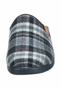 Grå ternet hjemmesko med en blød uld-lignende tekstur, prydet med sorte, hvide og røde mønstre, samt en holdbar sort gummisål.