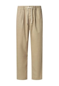 Beige, leichte Baumwollhosen mit elastischem Bund, verstellbarem Kordelzug und schmalem Bein design. Keine sichtbaren Taschen.