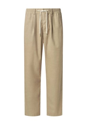 Beige, lettvekts bomullbukser med elastisk midje, justerbar snor og smal design. Ingen synlige lommer.