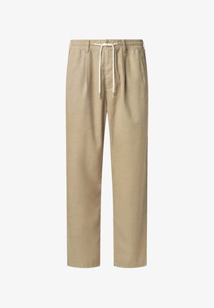 Beige, lightweight cotton trousers with an elastic waistband, adjustable drawstring, and tapered leg design. No visible pockets.