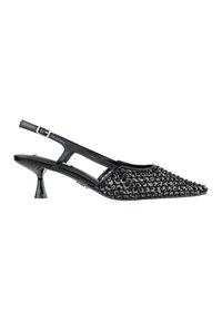 Talons aiguilles slingback noirs avec un bout pointu, dessus texturé avec des clous circulaires, talon transparent contouré, et bride de cheville réglable.