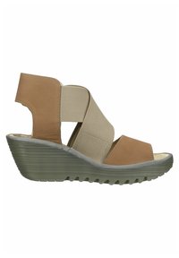 Hnědé a béžové wedges sandály s elastickými pásky, texturovanou šedou podrážkou a otevřenou špičkou. Mají polstrovanou vnitřní stélku.