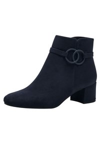 Stivale alla caviglia in suede blu scuro con tacco a blocco e dettaglio decorativo con doppio anello sul lato.