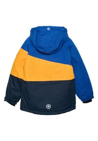 Blå, oransje og marineblå fargeblokkerte vinterjakker med hette, elastiske mansjetter og logo nederst. Laget av vindbestandig stoff.