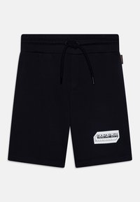 Zwarte shorts met een elastische tailleband en trekkoord. Voorzien van een witte logopatch aan de voorkant. Eenvoudig ontwerp en een gladde textuur.