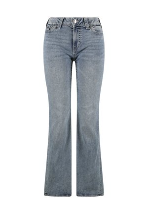 Jeans in denim azzurro chiaro a vita alta con chiusura a bottone e cerniera, tasche frontali e gambe leggermente svasate.