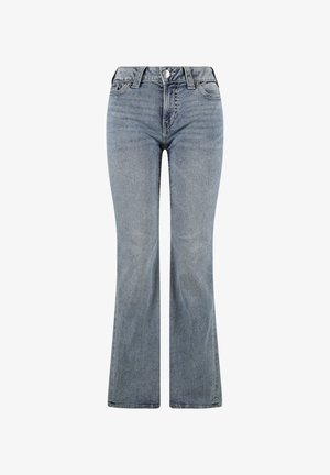 Jeans in denim azzurro chiaro a vita alta con chiusura a bottone e cerniera, tasche frontali e gambe leggermente svasate.