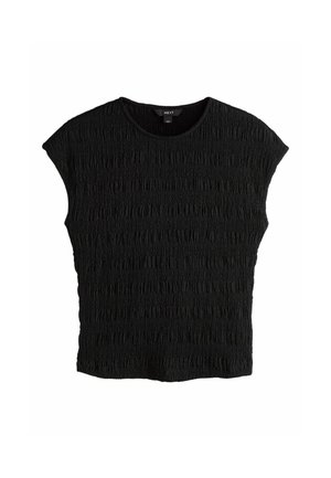 Top negru cu mâneci scurte, cu un design texturat și adunat. Prezintă un decolteu rotund și o croială lejeră, relaxată.