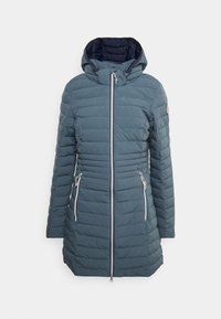 Quilted pufferjakke i mørk teal med hætte, frontlynlås og to sidelommer. Har vertikale syninger og kontrastfarvet inderside.