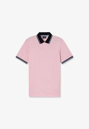 Lichtroze poloshirt met een marineblauwe kraag en gestreepte manchetten. Klassieke pasvorm, korte mouwen en een knoopsluiting voor een strakke uitstraling.