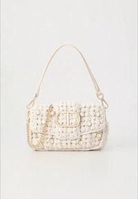 White crochet handbag with a structured shape, gold hardware, decorative pearls, and a removable chain strap. Features a fold-over flap with a logo clasp.