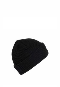 Gorro de punto negro con textura acanalada, con puño doblado y un pequeño logo discreto en el costado. Suitable para uso casual.
