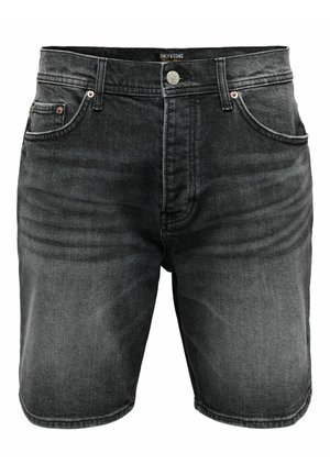 Sorte denimshorts med fem lommer, bæltestropper og knaplukning, der viser let falming og folder foran.